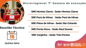 Reuniões técnicas da 7ª semana de execução do JEMG/2025. É dia 15 de maio, quinta-feira, com participação obrigatória.