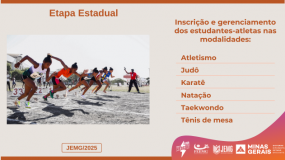 Etapa Estadual JEMG/2025.  Fique ligado! Termina no dia 12 de junho, quinta-feira, o prazo para inscrição e gerenciamento dos estudantes-atletas na etapa estadual.