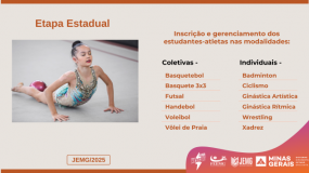Etapa estadual JEMG/2025. Fique ligado! Termina no dia 1° de julho, terça-feira, o prazo para indicação das escolas nas modalidades coletivas, badminton, ciclismo, ginástica artística, ginástica rítmica, wrestling e xadrez.