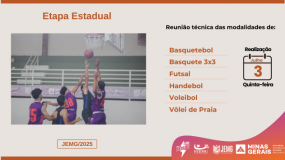 Etapa Estadual do JEMG/2025. Fique ligado! Reunião técnica das modalidades de basquetebol, basquete 3×3, futsal, handebol, voleibol e vôlei de praia.