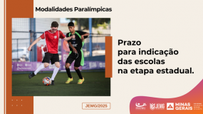 Etapa estadual JEMG/2025. Fique ligado! Termina no dia 16 de julho, quarta-feira, o prazo para indicação das escolas nas modalidades paralímpicas.